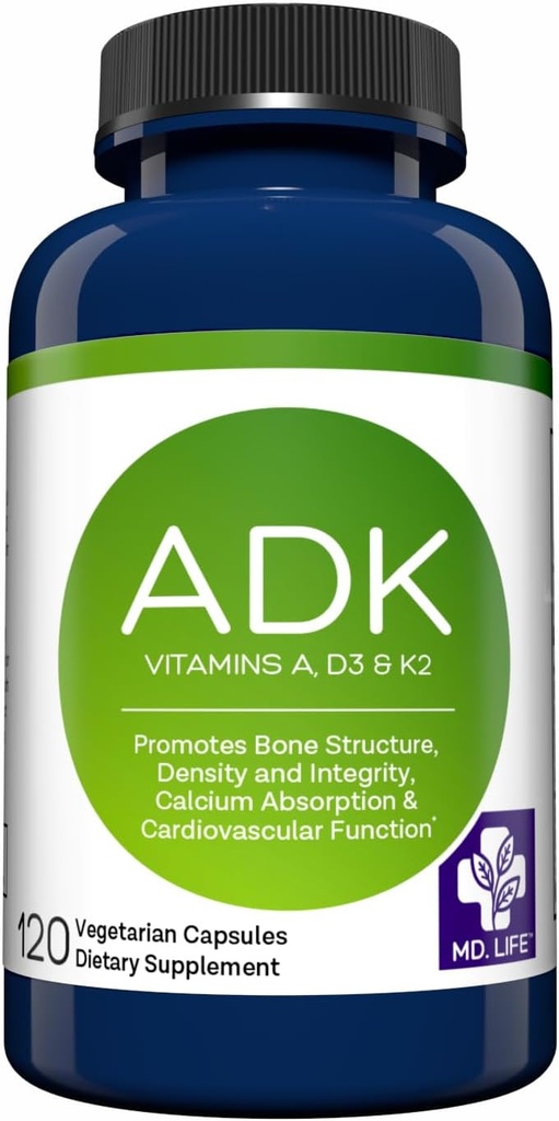 MD.LIFE ADK Suplemento de vitamina – Vitamina D3 K2 y Complejo – 120 cápsulas – Vitamina de alta potencia ADK para el soporte de salud ósea y cardíaca