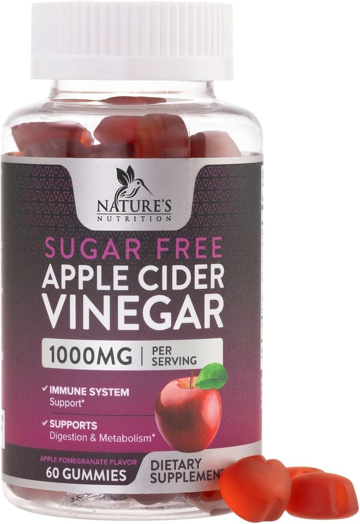 Manijas de vinagre de manzana para pérdida de peso 1000mg - Gummy de vinagre de manzana vegano para Detox &amp; Cleanse, píldoras de suplemento ACV, vitamina B12, azúcar libre de ACV Gummy, no GMO, nutrición de la naturaleza - 60 Gummies