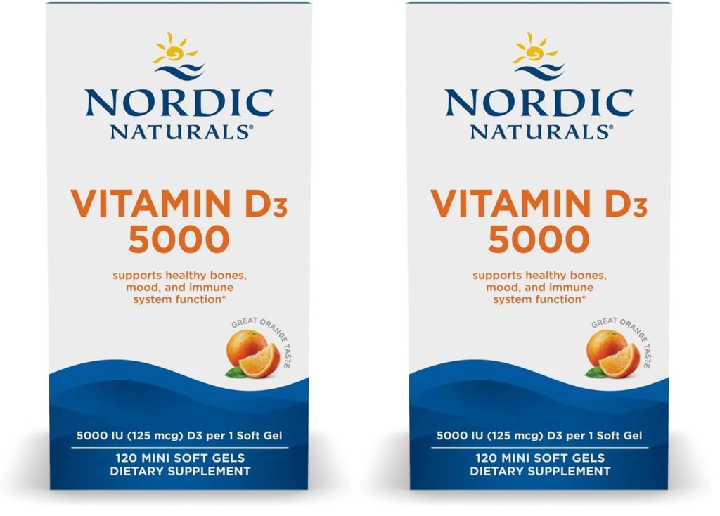 Nordic Naturals Vitamin D3 5000, Orange - 120 Mini Soft Gels - 5000 IU Vitamin D3 - Supports Healthy Bones, Mood & Immune System Function - Non-GMO - 120 Servings (Pack of 2)