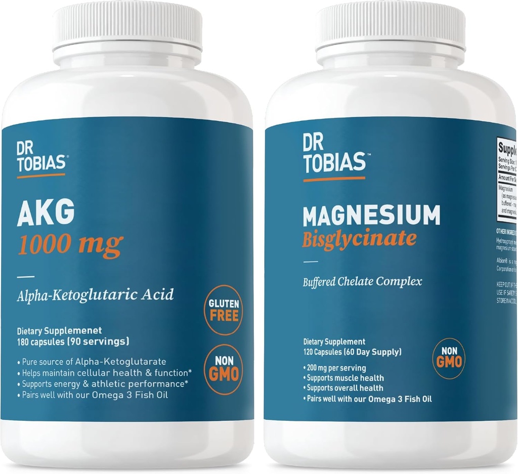 Dr. Tobias AKG Supplement &amp; Magnesium Bisglycinate - Support Energy Levels, Muscle, Nerve & Bone Health with High-Absorption Magnesium and Bioavailable AKG, Vegan, Non-GMO