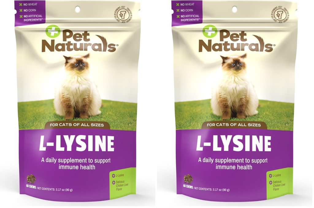 Pet Naturals Lysine for Cats,Chicken Flavor,60 Chews - Immune and Respiratory Support for Cats - No Wheat or Corn - Vet Recommended,(Pack of 2)