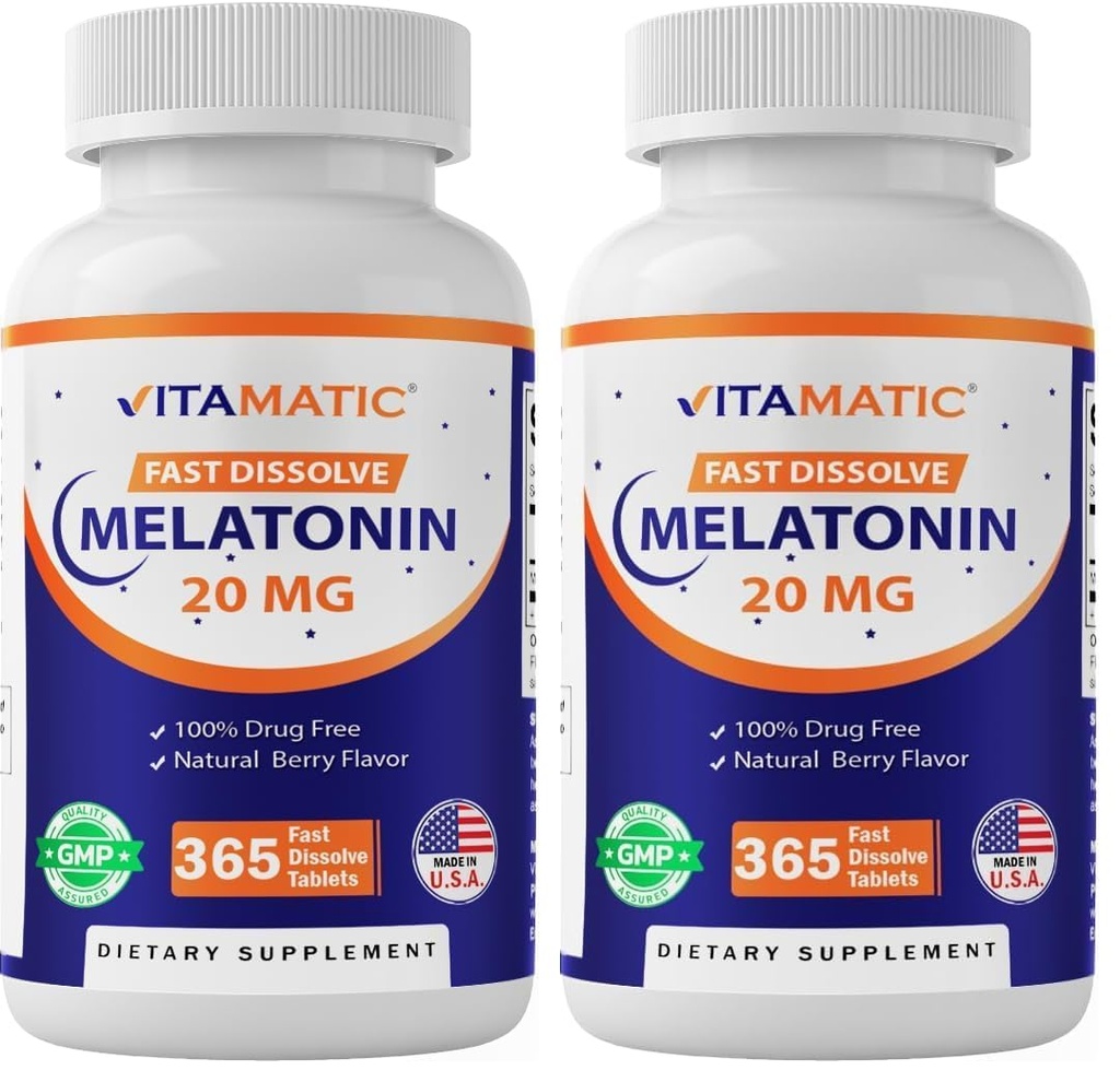 Vitamatic Melatonin 20 mg Tablets | Vegetarian, Non-GMO, Gluten Free | 1 Year Supply | Natural Berry Flavor - 365 Tablets (Pack of 2)