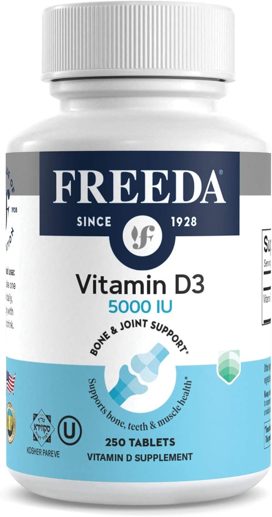 FREEDA Vitamina D3-5000 UI - Pure High Potency Kosher Supplement Tablets - Bone and Muscle Health, Calcium Absorption, Immune Support for Men and Women* - 250 Count