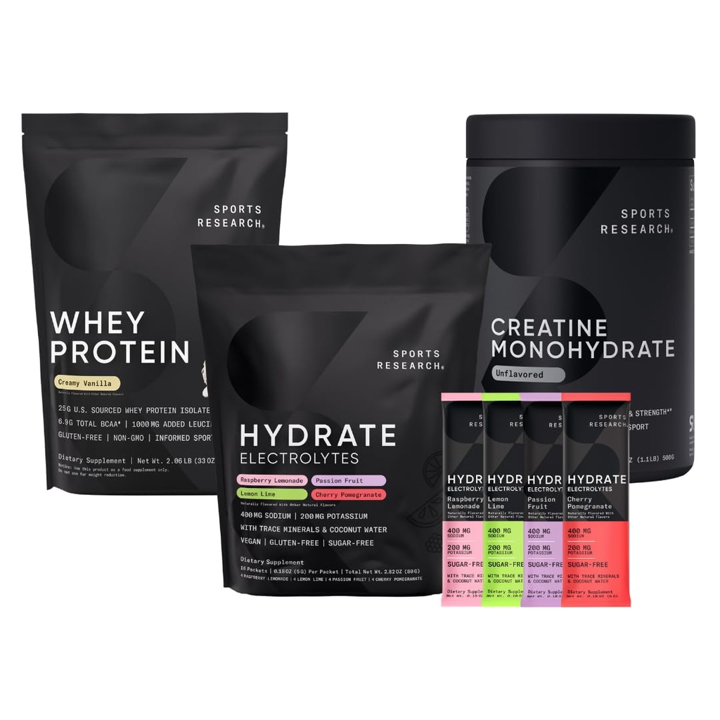 Sports Research® Whey Protein Isolate Vanilla Flavored (2.1 lb), Vaiety Pack Hydrate Electrolytes Powder Packets (16 conde) y Creatine Monohydrate (1.1 lb)