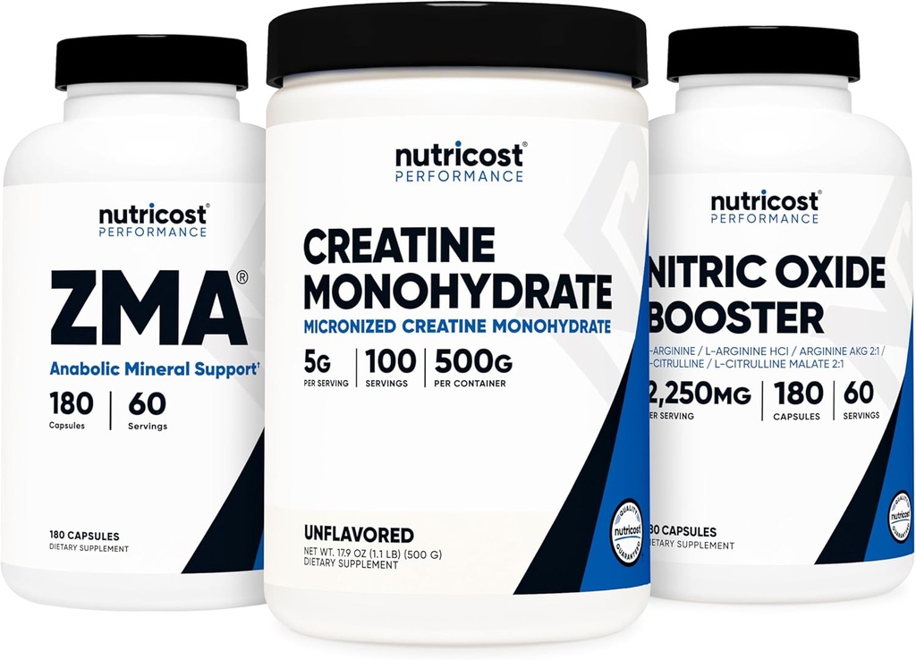Nutricost Creatine 500 Grams, Nitric Oxide 180 Capsules, and ZMA 180 Capsules Bundle