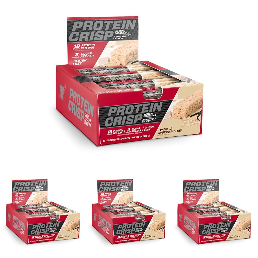 BSN Protein Crisp Bar, Vanilla Marshmallow, 18 Gram Protein Snack Bars with Whey and Fiber, Gluten-Free Crunchy Energy Bars for Workout, Fitness, On-the-Go, 12 Count (Pack of 4)