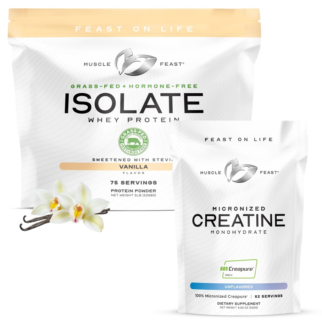 Muscle Feast Bundle – Whey Protein Isolate (Vanilla, 5lb) + Creapure Micronized Creatine Monohydrate (Unflavored, 250g) – 1 Unit Each