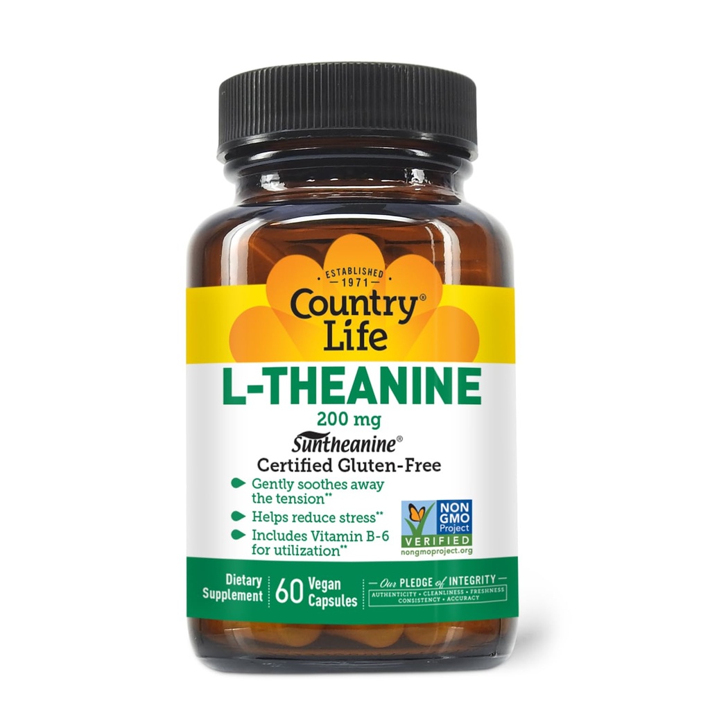Country Life Suntheanine L-Theanine – 60 Vegan Capsules | Natural Stress Relief Supplement with Inositol | Promotes Relaxation, Focus & Better Sleep | Certified Gluten-Free, Non-Drowsy Formula