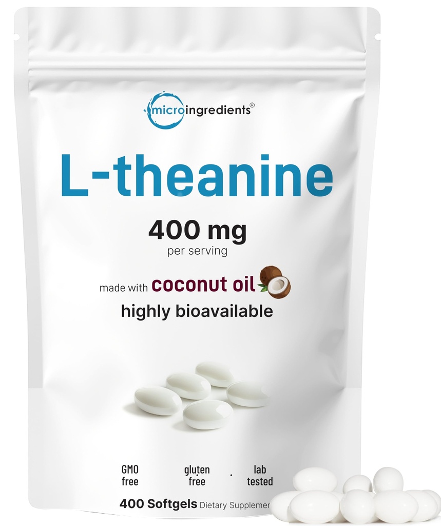 Micro Ingredients L-Theanine 400mg, 400 Softgels | Highly Bioavailable with Coconut Oil | Extra Strength Theanine Amino Acid | Calm & Relaxation Support + Focus Supplement | Non-GMO, Gluten Free
