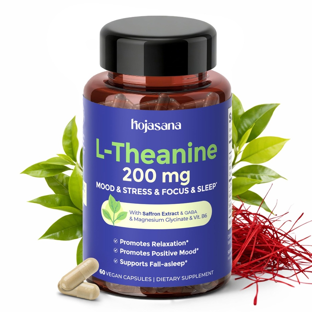 L Theanine 200mg with Saffron, GABA, Magnesium Glycinate & Vitamin B6, L-Theanine Supplement Advanced Complex Formula for Mood Relaxation & Stress Relief & Sleep Support, 60 Vegan Capsules