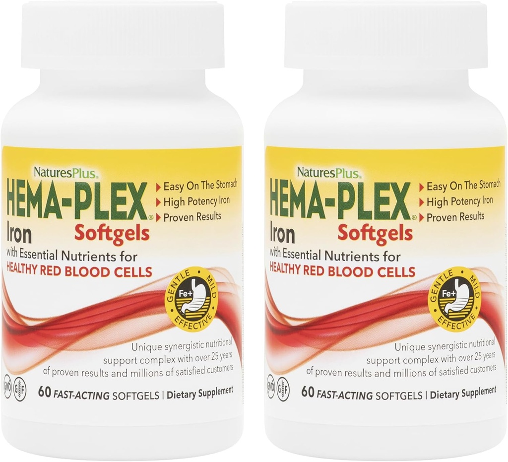 NaturesPlus Hema-Plex Iron - 60 Fast-Acting Softgels - 2 Pack - 85 mg Iron + Vitamina C & Bioflavonoids for Healthy Red Blood Cells - Vegan, Gluten Free - 40 Total Servings