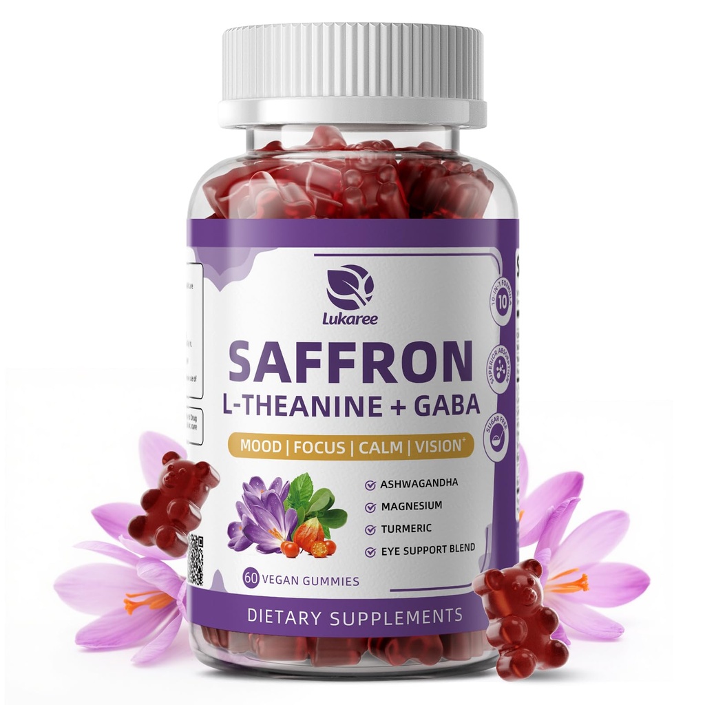 10-in-1 Saffron Gummies Supplements with L-Theanine 200mg, GABA, Ashwagandha, Turmeric, Lutein, Zeaxanthin & Astaxanthin for Mood, Focus & Eye Support Sugar Free, Vegan, Berry Flavor, 60 Count