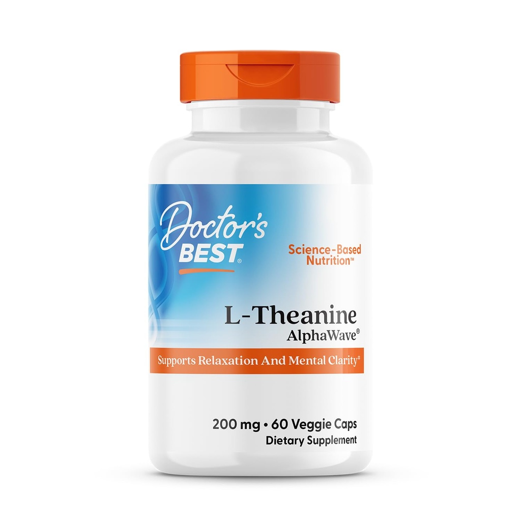 Doctor's Best L-Theanine Caps 200mg for Men & Women - L Theanine AlphaWave Supplement for Calm & Focus Support, Helps Reduce Stress, Vegan, Gluten Free, Soy Free, Non GMO - 60 Veg Capsules