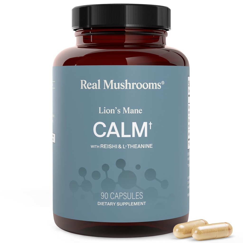 Real Mushrooms Lion’s Mane Calm Capsules (90 Count) – 400mg Organic Lions Mane Fruiting Body Extracts, 200mg Organic Reishi, 200mg AlphaWave L-Theanine for Calm Clarity & Relaxed Alertness, 90ct