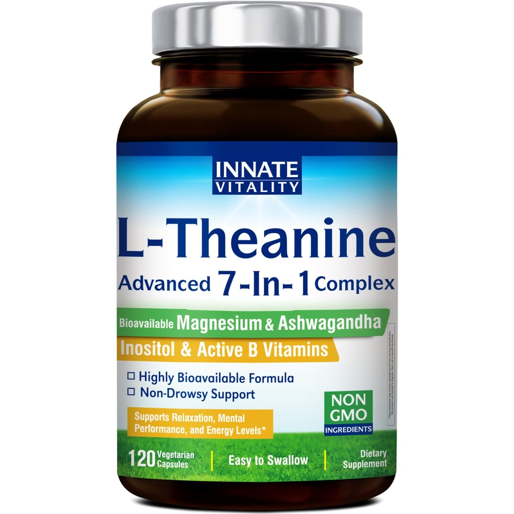 Innate Vitality L-Theanine Supplement 200 mg, Ashwagandha, Magnesium Glycinate, Inositol, Vitamin B6, Non-GMO, Hormone Harmony, Relaxation, Mental Performance and Energy Support, 120 Capsules
