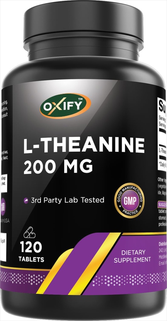 Oxify L- Theanine 200 mg | 120 Tablets | Gluten-Free, Non-GMO | Supplement Made in USA