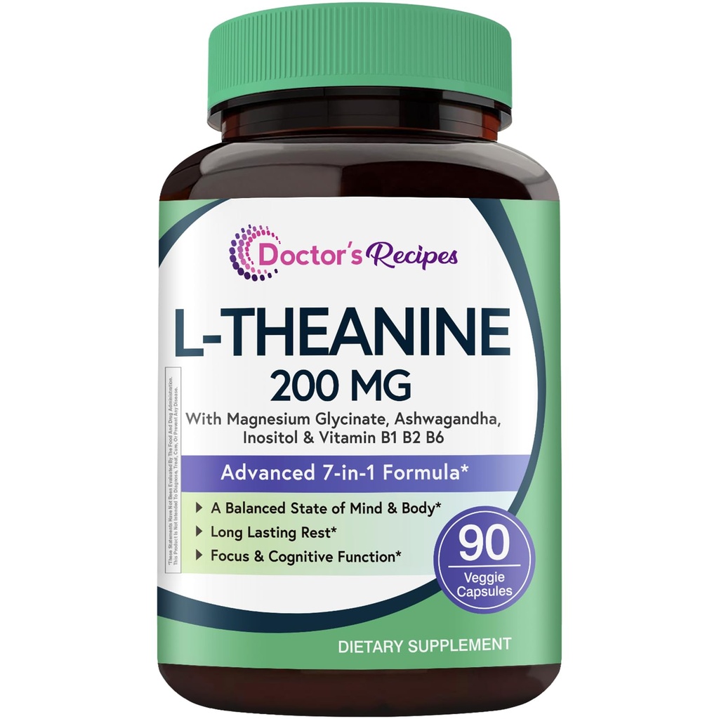 Doctor's Recipes L-Theanine 200 mg, Magnesium Glycinate, Ashwagandha, Inositol, Vitamin B6 B1 B2, Calm Relaxation Mood Cortisol Manager Nerve Focus Sleep Aid Quality No Drowsiness, Vegan, 90 Capsules