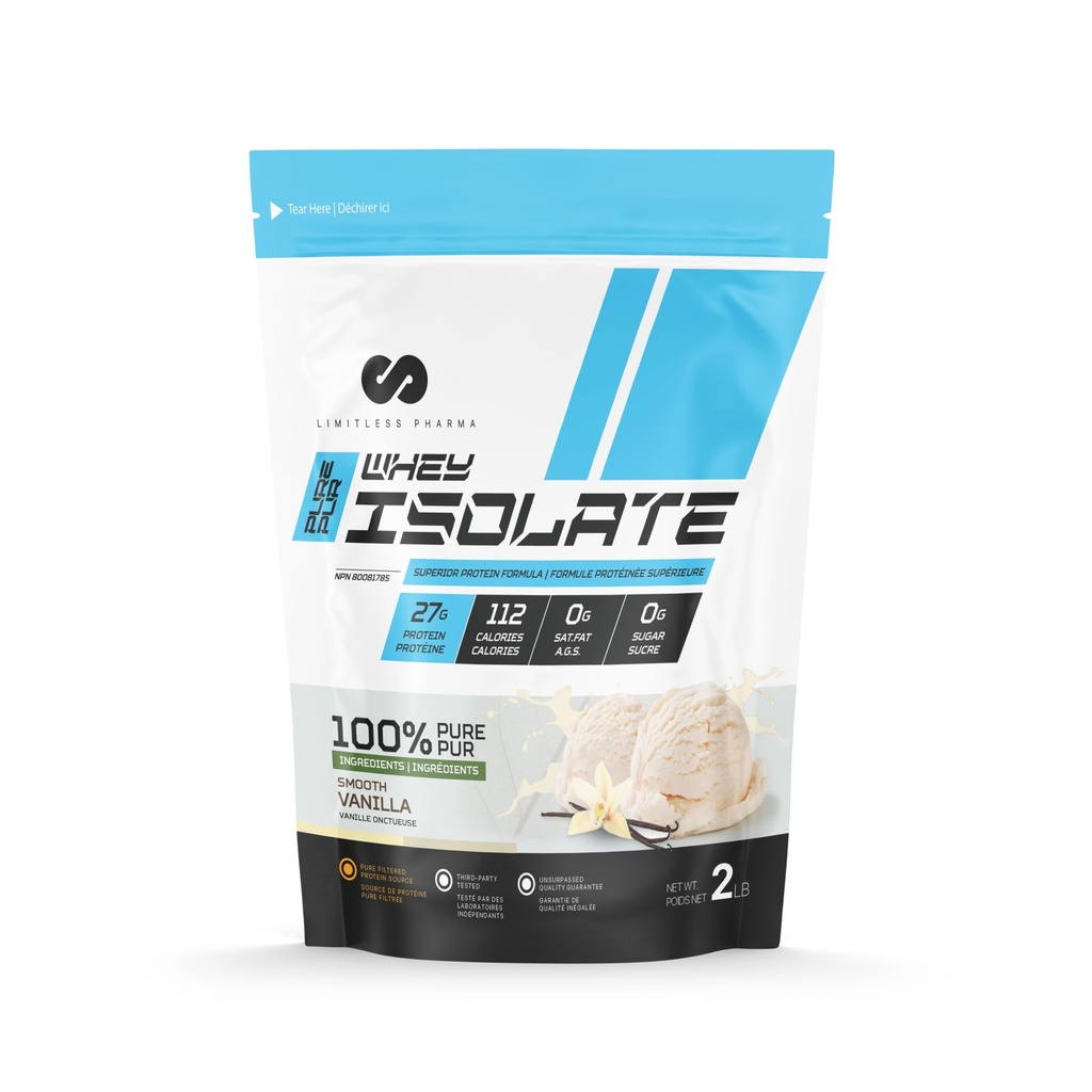 Limitless Pharma Pure Whey Isolate ← High Protein Whey Isolate Protein Powder ← 27g Protein, 6g BCAAs, Sugar Free, Gluten Free, Low Carb, Low Lactose ← 30 Servings, 2LB (Vanilla)