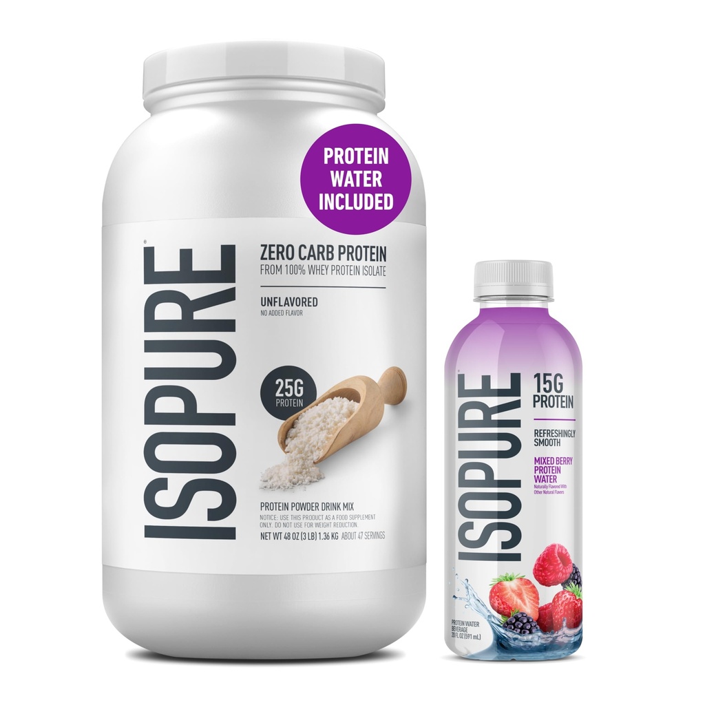 Isopure Zero Carb 100% Pure Whey Isolate Unflavored Protein Powder 3 Lbs + 1 Bottle of Clear Protein Water with Electrolytes, 15g Whey Protein Isolate, Zero Sugar, Mixed Berry, 20 fl oz Bottle