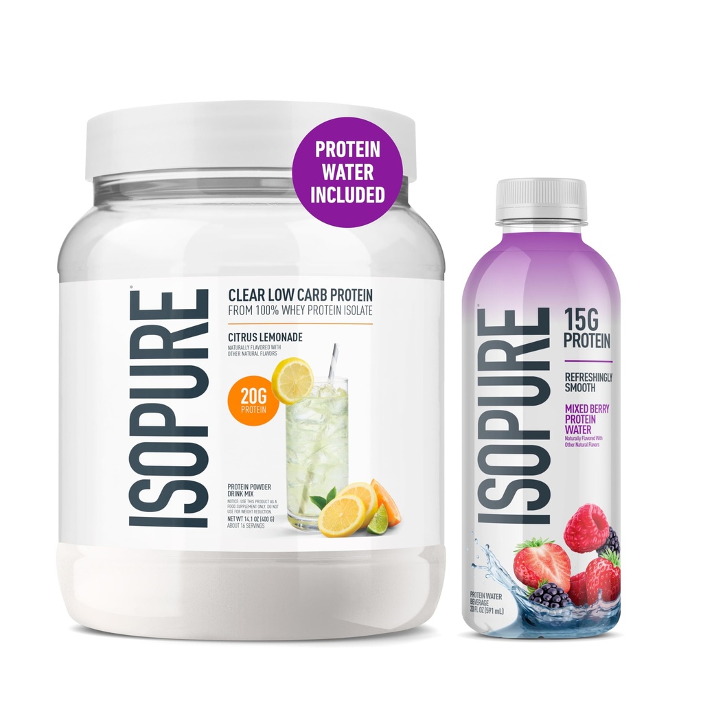 Isopure Clear Whey Isolate Citrus Lemonade Protein Powder 16 Servings + 1 Bottle of Clear Protein Water with Electrolytes, 15g Whey Protein Isolate, Zero Sugar, Mixed Berry, 20 fl oz Bottle