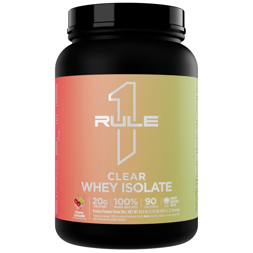 Rule 1 Proteins Clear Whey Isolate - 20g All-Whey Isolate Protein Mix, Over 9g EAAs, 90 Calories, Zero Sugar, Easy to Digest, Light, Crisp, and Refreshing Taste (27 Servings, Cherry Limade)