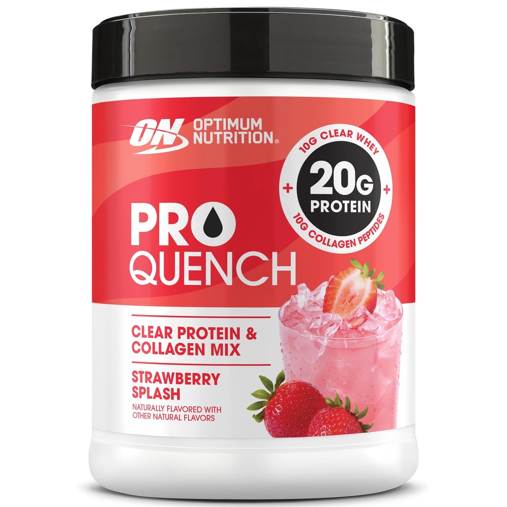 Optimum Nutrition Pro Quench, 10g Clear Protein, 10g Collagen peptides & Electrolyte Powder Drink Mix, Strawberry, 20 Servings, 520 Grams (Packaging May Vary)