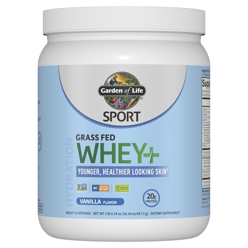 Garden of Life SPORT Whey Protein Powder Vanilla Flavor 20g Plus Marine Collagen Peptides & MSM for Women and Men, Optimum Amino Energy, Younger, Healthier Looking Skin - Grass Fed, About 15 Servings