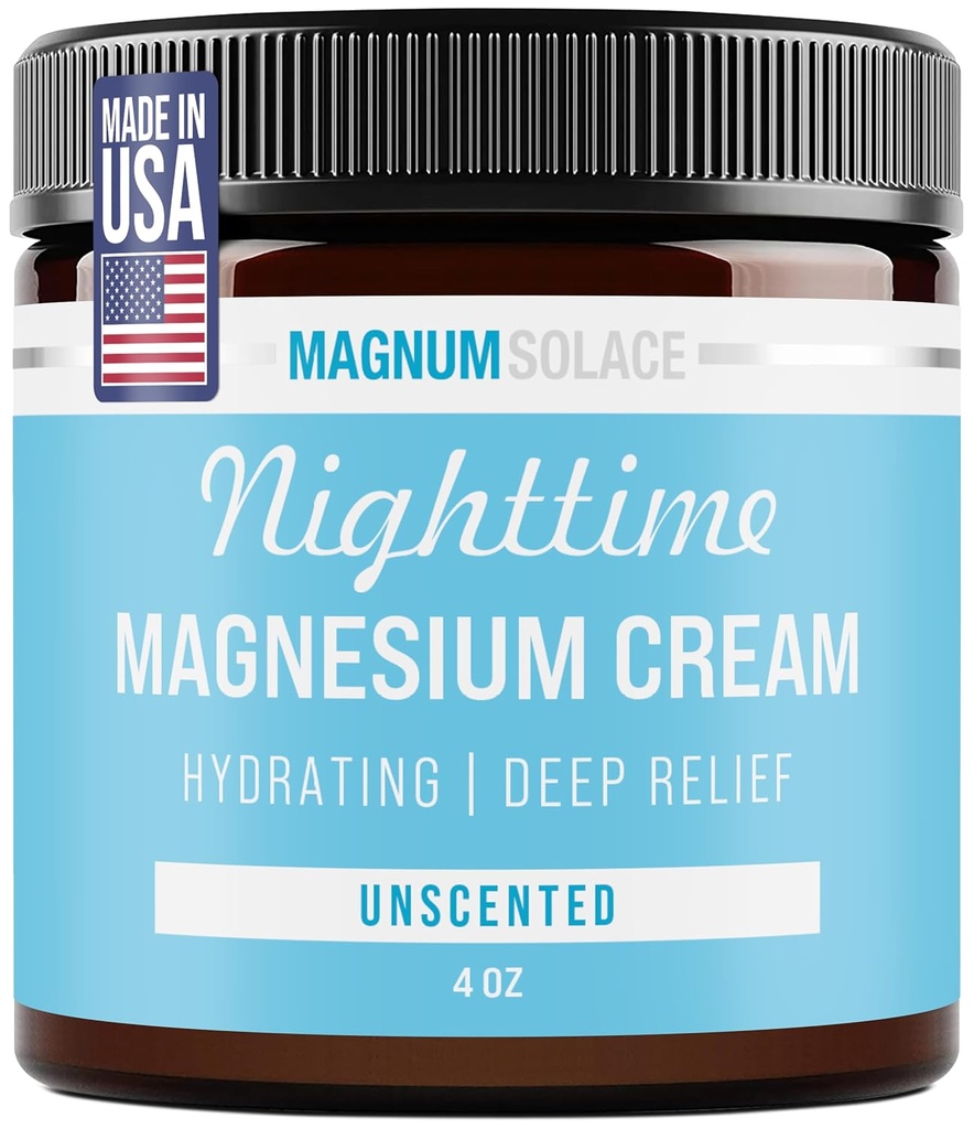 Magnum Solace Magnesium Lotion – Hidrating Nighttime Cream Apply to Legs, Arms or Chest - Topical Chloride USA Made and Safe for Kids (Unscented)