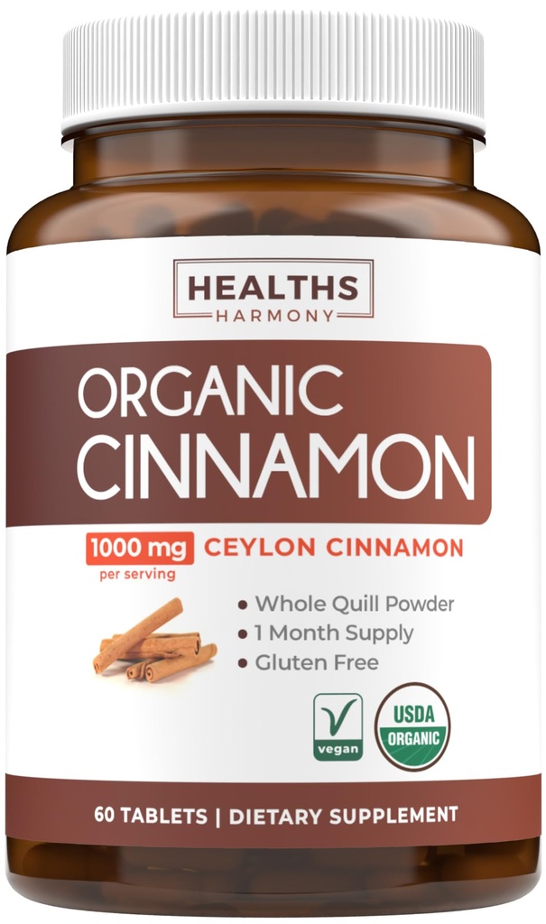 USDA Organic Ceylon Cinnamon Pills - High Potency Ceylon Cinnamon Supplement with 1000mg per Serving for Full Body Antioxidant Support - Vegan Non-GMO cGMP Made & Lab Verified (1 Month Supply)