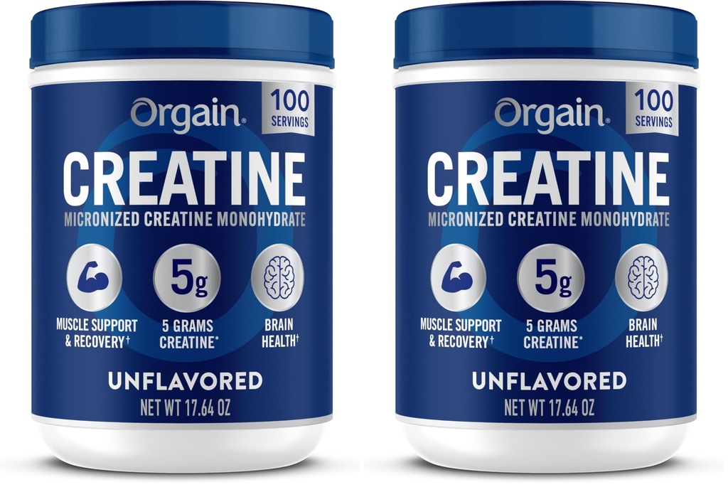 Orgain Creatine Monohydrate Micronized Powder,100 Servings,Unflavored,Supports Muscle Growth,Post Workout Recovery and Brain Health,No Artificial Additives,for Men & Women,Vegan,(Pack of 2)