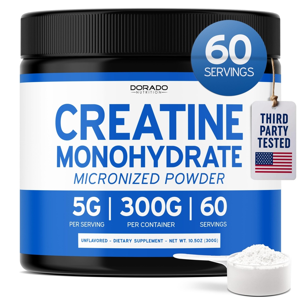 Creatine Monohydrate Powder 5G l Micronized & Unflavored l 60 Servings 5000mg per Serving l Pure Creatine Supplement for Men & Women l Supports Muscle Growth, Energy & Recovery l Non-GMO & Vegan