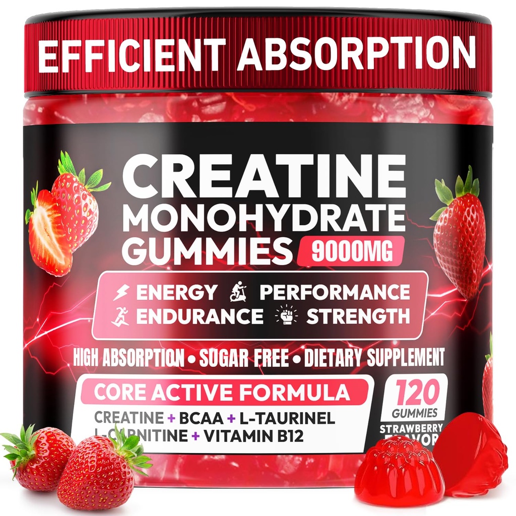 Creatine Gummies Monohydrate Complex 9000MG, Chewable Creatine Monohydrate Gummies for Men & Women with L-Taurine, BCAA 2:1, B12/6, Building Muscle Strength and Boost Focus, 30 Days Supply