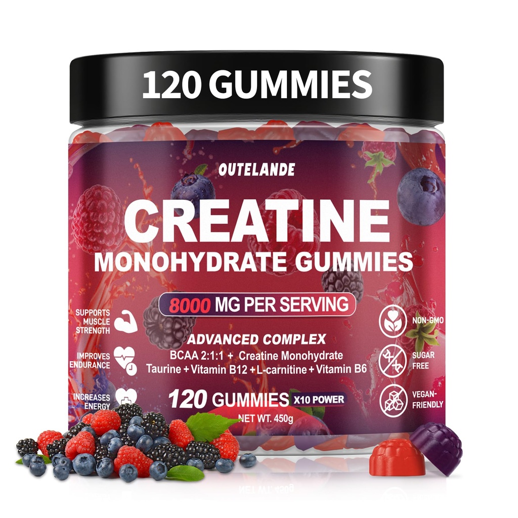 Creatine Monohydrate Gummies 8000 mg for Men & Women, Creatine Supplement for Enhanced Muscle Growth, Energy Boost - with L-Taurine, Sugar Free, Vegan, Raspberry BlackBerry Blueberry Flavor-120 Count