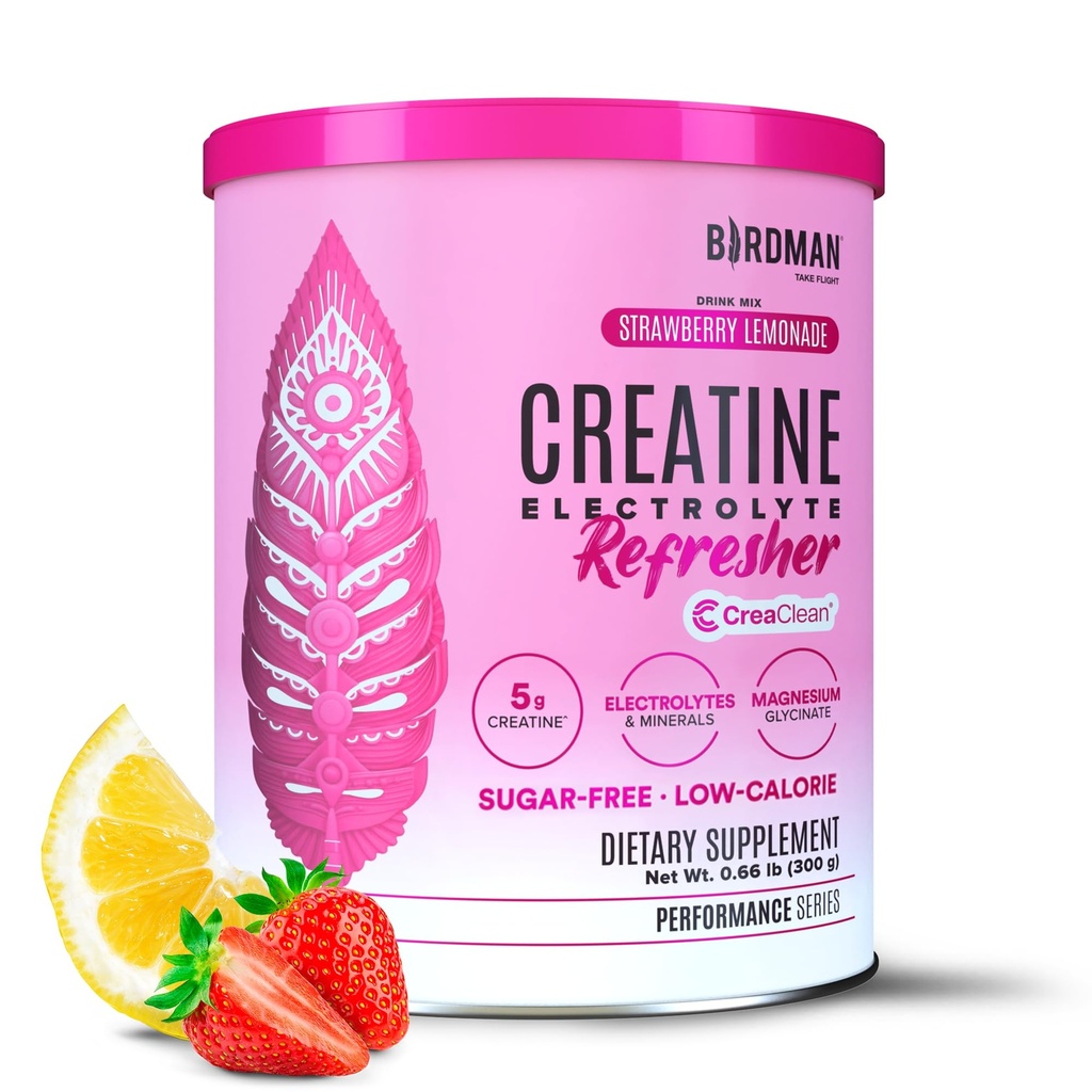 BIRDMAN Creatine Refresher | Creatine Monohydrate Powder with Electrolytes, Magnesium Glycinate & Vitamins | Creaclean Seal | Sugar Free, Low Calorie | Strawberry Lemonade | 30 Servings