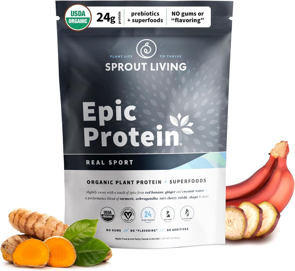 Sprout Living, Epic Protein, Plant Based Protein & Superfoods Powder, Real Sport TEN 24 Grams Organic Protein Powder, Recovery, Vegan, Non Dairy, Non-GMO, Gluten Free, Low Sugar (1 libra, 12 servidos)