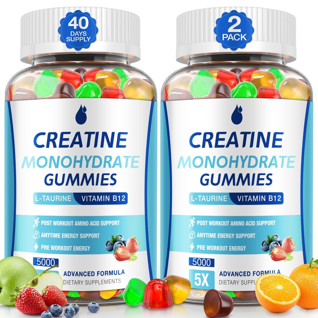 Creatine Gummies for Men & Women - Creatine Monohydrate Gummies 5g, Muscle Builder, Energy Boost & Pre-Workout Supplement, Low Sugar Taurine Chewable Gummy 2 Pack