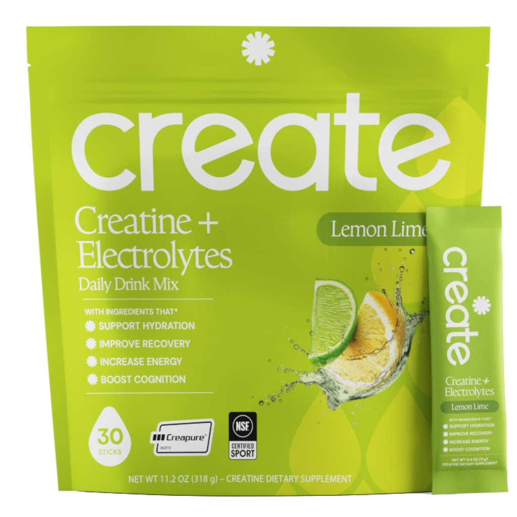 Create Creatine + Electrolytes Mix - Creatine Monohydrate Stick Packs, Supports Energy and Hydration, NSF Certified for Sport, 30 Count, Lemon Lime
