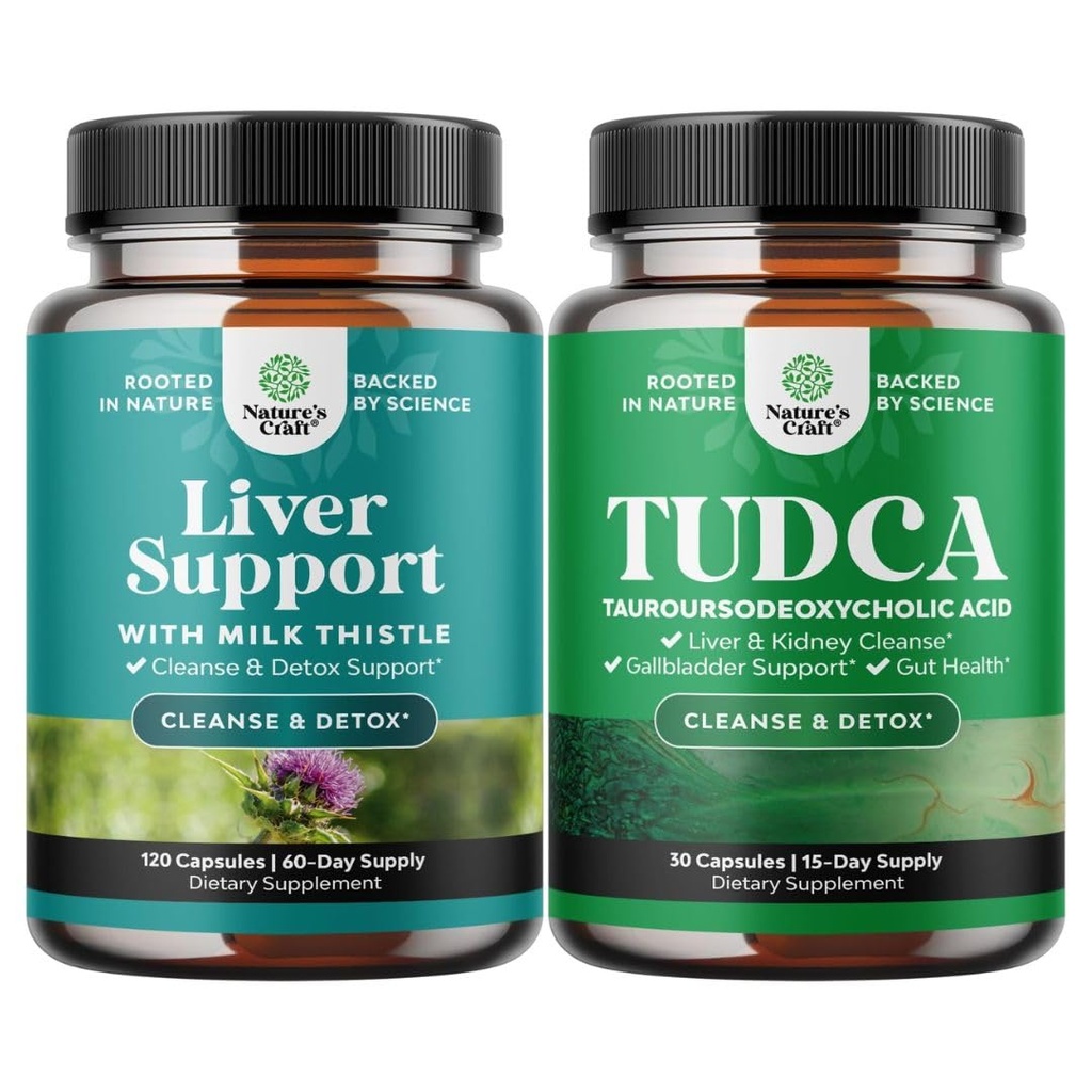 Bundle of Liver Cleanse Detox & Repair - Milk Thistle with Dandelion Root Choline Beetroot Artichoke Extract and Advanced Bile Salt TUDCA Supplement 500mg per Serving - Tauro Ursodeoxycholic Acid