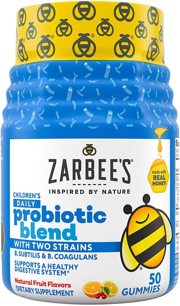Zarbee's Kid's Daily Probiotic Blend Gummies with 2 Strains for Digestive Support; Easy To Chew; Gluten-Free ' Ages 2+; Natural Fruit Flavors; 50 Count