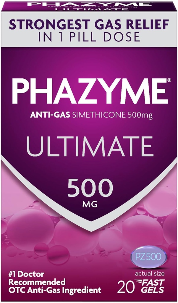 Phazyme Ultimate Strength Anti-Gas 500 mg Simethicone Gas Relief for Adults, Fast Gels Quickly Ease Bloating, Pressure and Discomfort, 20 Condes