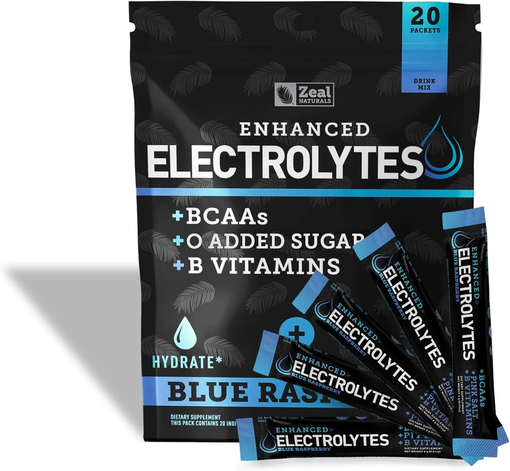 Enhanced Electrolyte Powder Stick Packs (Blue Raspberry tención 20 Packets) w / 0 Sugar +BCAAs +B-Vitamins Electrolyte Suplemento w Potassium Zinc &amp; Magnesium for Hydration - Keto Electrolytes