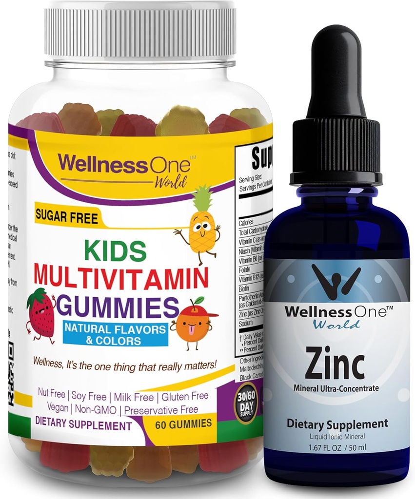 WellnessOne Liquid Zinc " Kids Multivitamin Gummies - Great Duo to Boost Energy, Immunity " Your Kids’ Brain Health - 1.67 fl oz Zinc Liquid Drops " 60 Bear Fruity Flavored Gummy Multivitamin for Kids