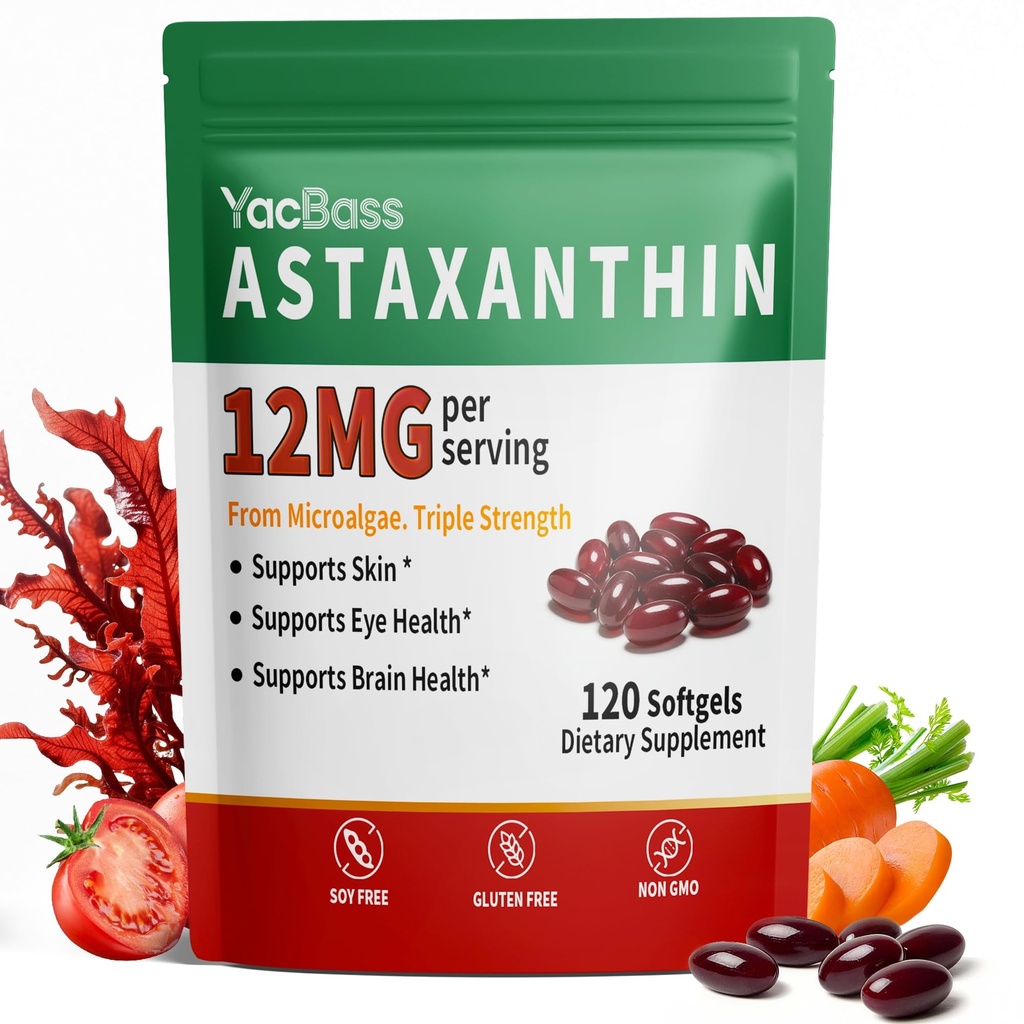 Astaxanthin Supplements 12mg - Premium Astaxanthin 120 Softgels for Eye, Brain, Skin & Immune Support, Microalgae Source, 4 Month Supply