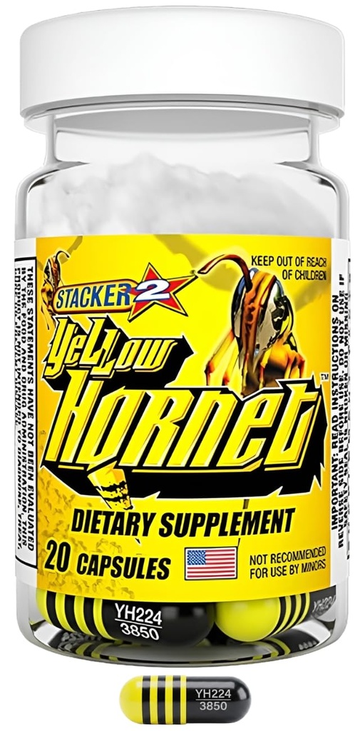 Stacker 2 Yellow Hornet Herbal Dietary Supplement Capsules with Taurine, Yerba Mate, Capsicum Annuum, Yohimbine Alkaloids for Energy Boost, 20 Capsules per Bottle (1 Pack - 20 Capsules, Pack Size)