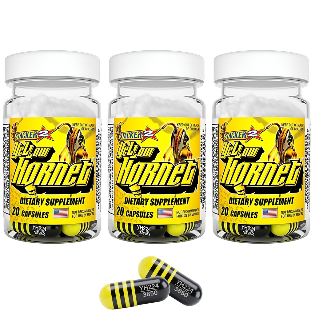 Stacker 2 Yellow Hornet Herbal Dietary Supplement Capsules with Taurine, Yerba Mate, Capsicum Annuum, Yohimbine Alkaloids for Energy Boost, 20 Capsules per Bottle (3 Pack - 60 Capsules, Pack Size)
