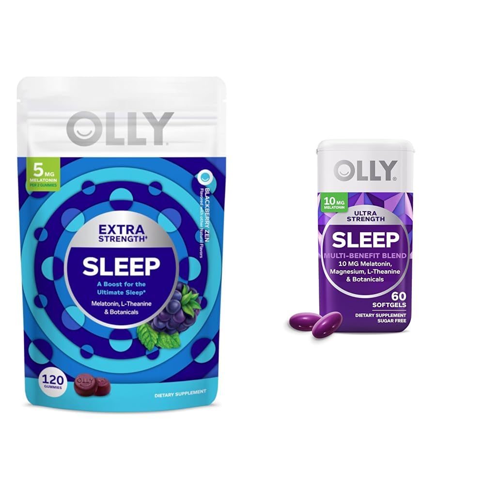 OLLY Melatonin Sleep Gummies and Softgels Bundle with Chamomile, Lemon Balm, 120 Count Gummies, 60 Count 10mg Melatonin Softgels