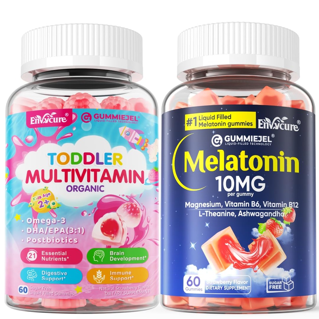 Melatonin Gummies 10mg 20mg with Magnesium for Adults + Organic Toddler Multivitamin Gummies + Omega-3 (DHA/EPA) 2 Pack