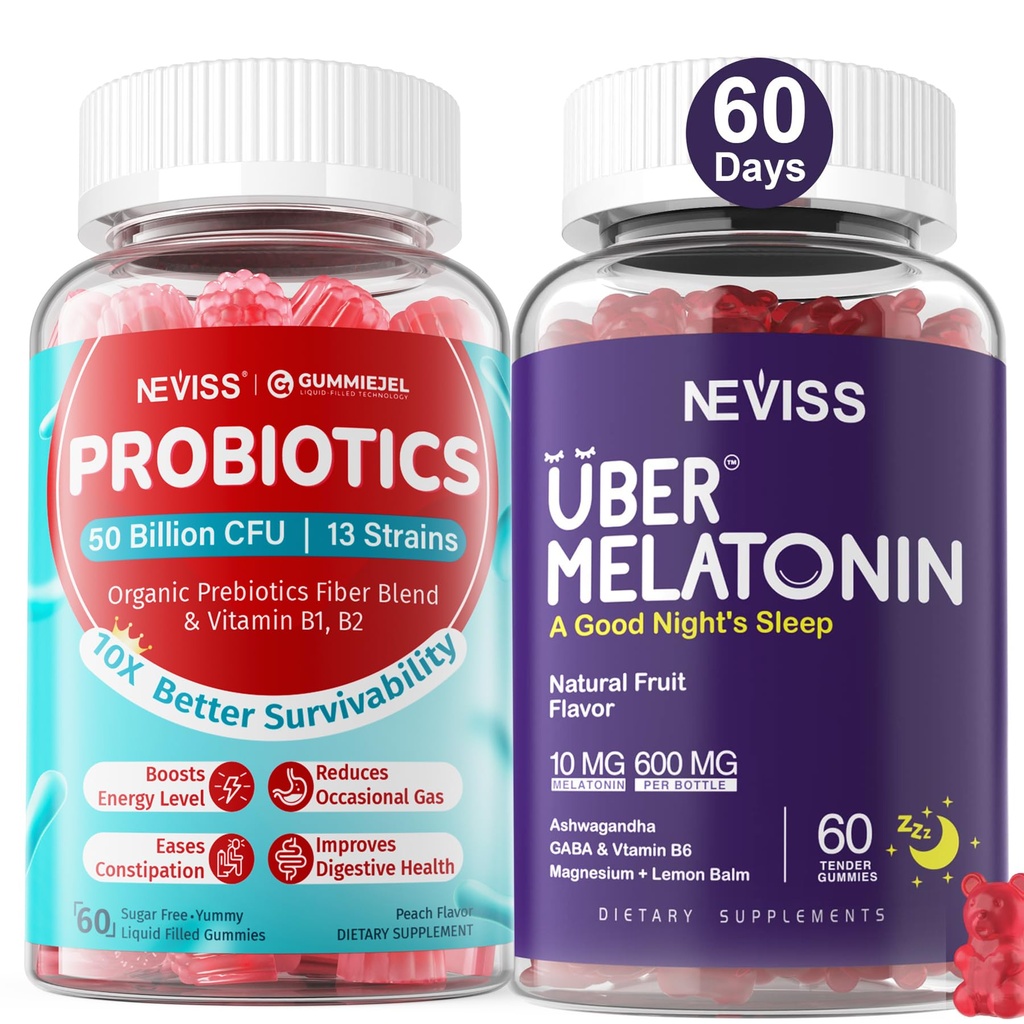 NEVISS Melatonin Gummies 10mg + Sugar Free Probiotics Gummies