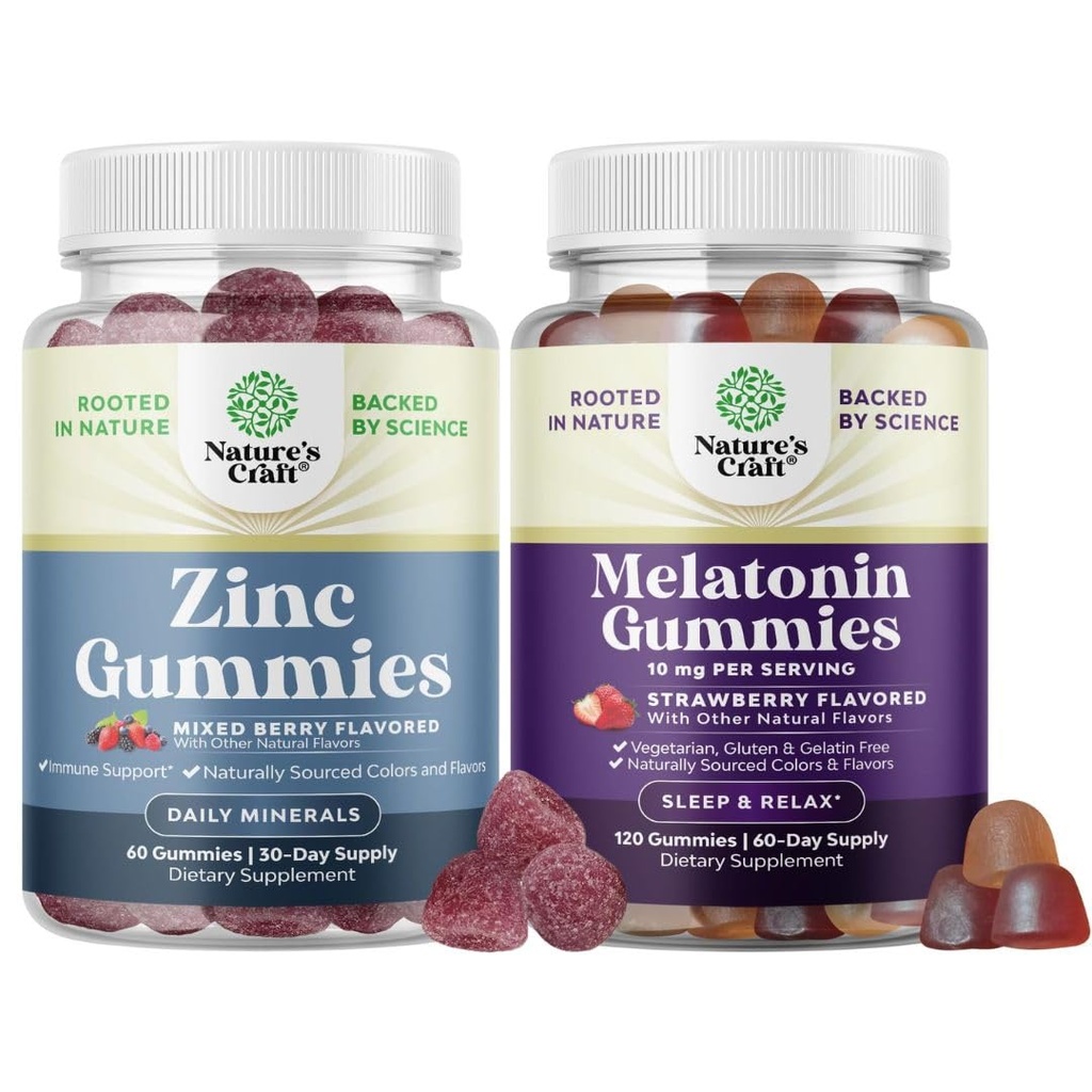 Bundle of Extra Strength Zinc Gummies for Adults - Chewable Zinc Supplements for Energy & Immune Support and Melatonin Gummies 10mg per Serving - Fast Acting Tasty Sleep Gummies Enhanced Sleep Quality
