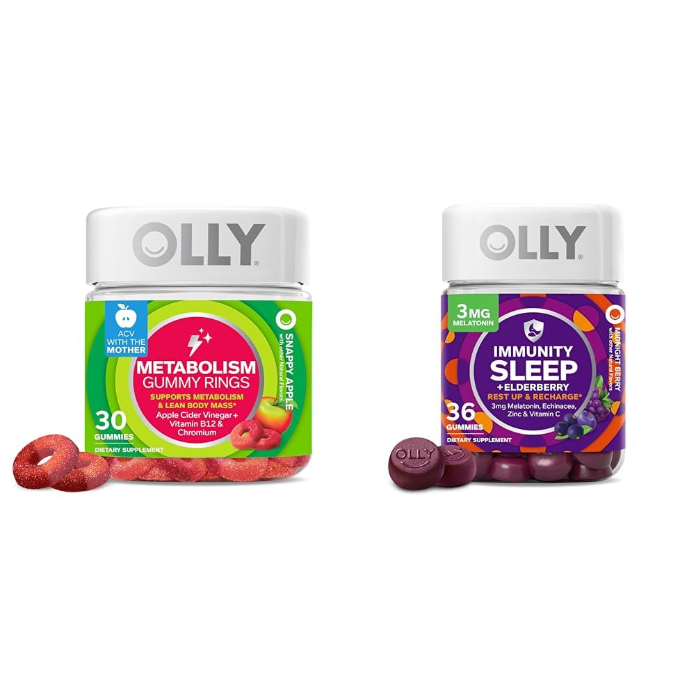 OLLY Metabolism Gummy Rings Apple Cider Vinegar Vitamin B12 30 Count Sleep Immunity Melatonin Gummy Vitamin C Zinc Echinacea 36 Count Bundle
